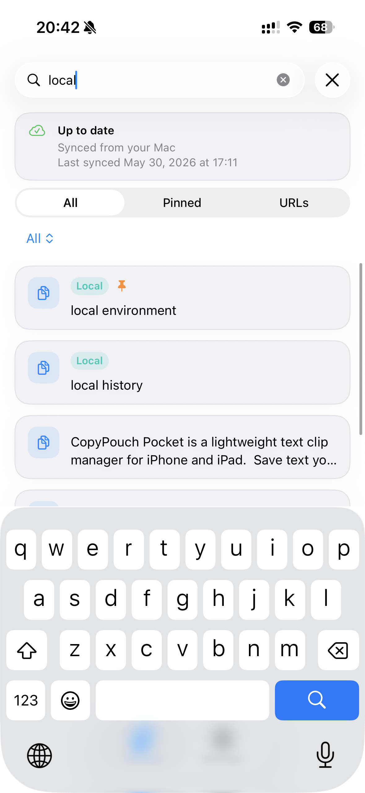 CopyPouch Pocket でクリップを検索している画面