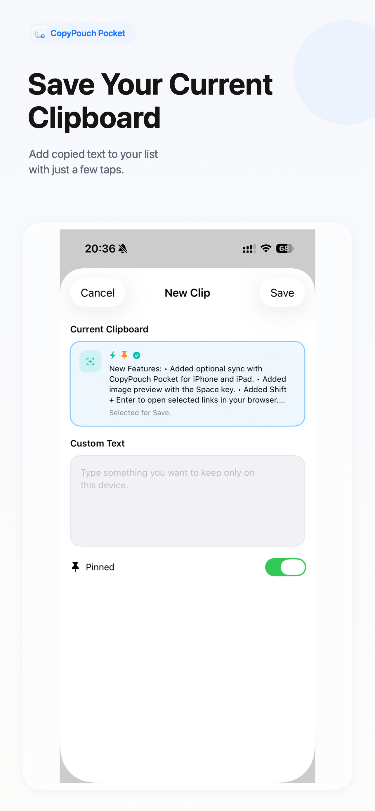 CopyPouch Pocket copy feature screenshot